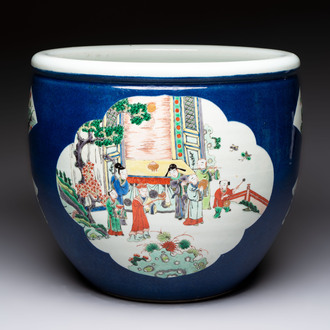 A Chinese famille verte blue-ground fishbowl with narrative design, 19th C.
