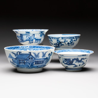 Four Chinese blue and white bowls, Qi Zhen Ru Yu 奇珍如玉 and Ding mark, Kangxi/Qianlong