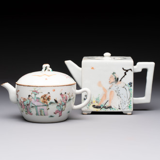 Two Chinese famille rose teapots and covers, signed Yun Xuan Shi 雲軒氏, Guanyao and Tongzhi mark, dated 1888, 19th C.