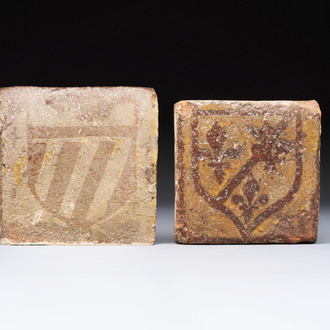Two medieval slip-decorated tiles with the coat of arms of Burgundy and France, Flanders and France, 14/15th C.