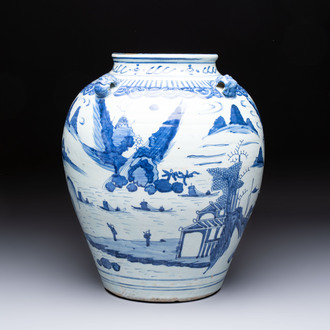 A Chinese blue and white 'Mountainous Landscape' vase with four lion-form handles, 16/17th C.