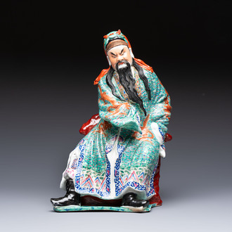 A Chinese famille rose figure of Guandi, 19/20th C.