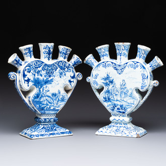 Two blue and white Dutch Delft heart-shaped tulip vases, 19th C.