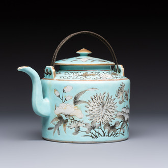 A Chinese grisaille turquoise-ground Dayazhai-style teapot and cover, Guangxu mark and of the period