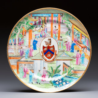 A rare Chinese Canton famille rose armorial dish with the arms of Wight, ca. 1810