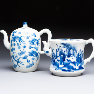 Two Chinese blue and white teapots and covers depicting goldfish and 'Wu Lao Guan Taiji 五老觀太極', Daoguang mark, 19th C.