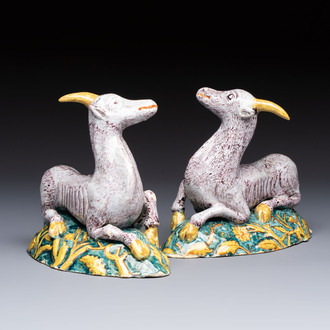 A pair of large polychrome Dutch Delft models of goats, 18th C.