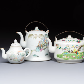 Two Chinese famille rose covered teapots and a qianjiang cai covered teapot, signed Wang Shaowei 王少維, 19th C.