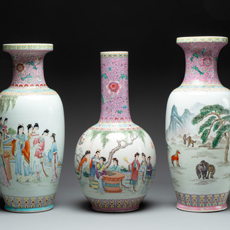 Three Chinese famille rose vases with elegant beauties and horses, Qianlong marks, 20th C.