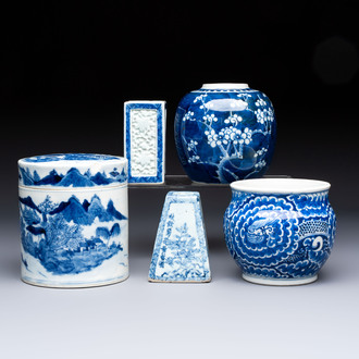 A Chinese blue and white square bitong, a 'Dragon' censer, a covered box, a vase and a paperweight, Guangxu mark, 18/19th C.
