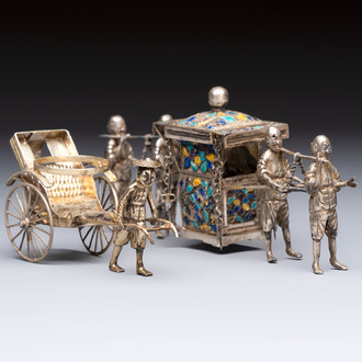 A Chinese enamelled silver model of four bearers and a silver model of a bearer, Guang Sheng Yuan 廣生源 and Yan Ji 衍記 mark, 19th C.