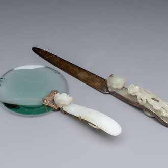 A Chinese mounted magnifying glass with a jade handle and a sterling silver letter opener with a jade handle, 19th C.