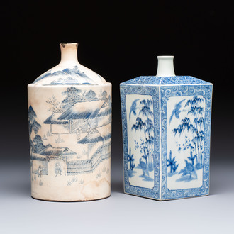 A Japanese blue and white Arita square flask and a Tangen-style bottle, 'Tokkuri', 19/20th C.