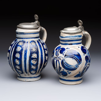 Two Westerwald tankards with mounted pewter lids, one lid dated 1757, Germany, 18th C.