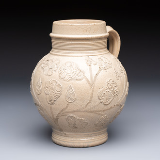 A Westerwald stoneware jug or 'Kugelbauchkrug' with floral design, Germany, 17/18th C.