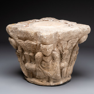 A carved figurative sandstone capital, France or Spain, probably 14th C.