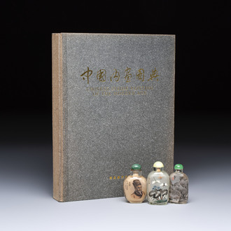 A Chinese rock crystal and two glass inside painted snuff bottles, 19/20th C., with a signed copy of 'Chinese Inside Painting of the Modern Age', 2005