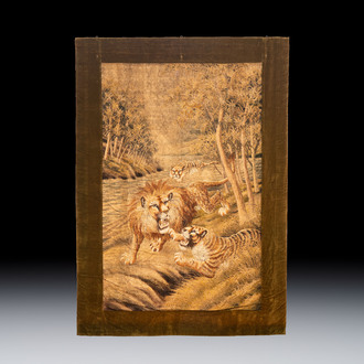 A Japanese embroidered silk panel with two tigers and a lion, Meiji, 19th C.