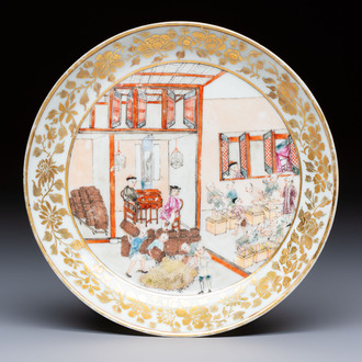A very rare Chinese famille rose gilt-decorated 'Tea Packing' saucer, Qianlong, ca. 1745