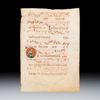 A medieval illuminated choir book leaf, possibly Italy, 13/14th C.