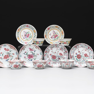 Six sets of Chinese famille rose cups and saucers, Yongzheng/Qianlong