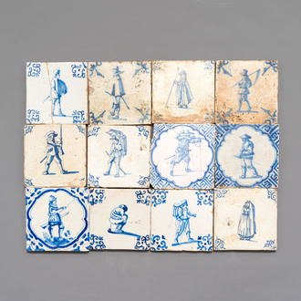 12 blue and white Dutch Delft tiles with large figures, 17th C.