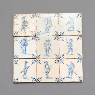 Nine blue and white Dutch Delft 'soldier' tiles, 17th C.
