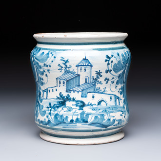 A blue and white Italian maiolica albarello, dated 1711