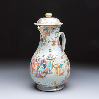 A fine large Chinese famille rose gilt-decorated 'Mandarin Subject' jug and cover, Qianlong