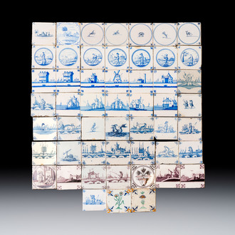 A varied collection of 52 blue, white and polychrome Dutch Delft tiles, 17/19th C.