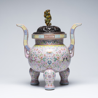 An impressive Chinese famille rose 'Bajixiang and Lotus Scroll' tripod censer with a wooden cover, Jiaqing mark and of the period