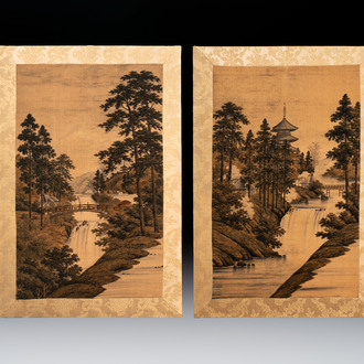 Two Japanese embroidered silk panels with landscapes, Meiji, 19th C.