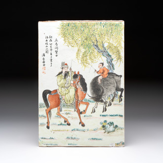 A Chinese qianjiang cai 'Li Ma Wen Xian Shi 立馬問賢士' plaque, signed Ling Yun Ju Shi 凌雲居士, dated 1929