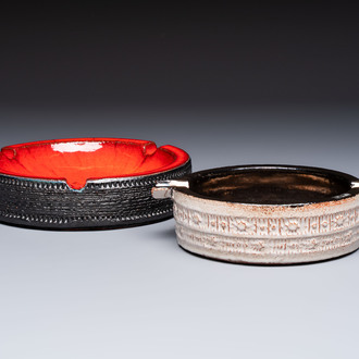 Rogier Vandeweghe (1923-2020) for Amphora: a red-glazed ashtray, and a Perignem cream-glazed ashtray, 20th C.