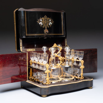 A liqueur cabinet or cave à liqueur with Boulle and mother-of-pearl inlay, 19th C.