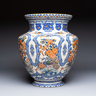 A large polychrome Gien faience 'Birds among Flowering Branches' vase, marked, France, 19/20th C.