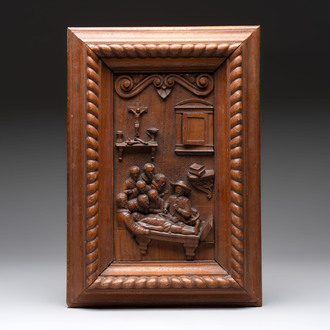 A high-relief wooden panel depicting Rembrandt's 'The Anatomy Lesson of Dr. Nicolaes Tulp', Germany, 19/20th C.