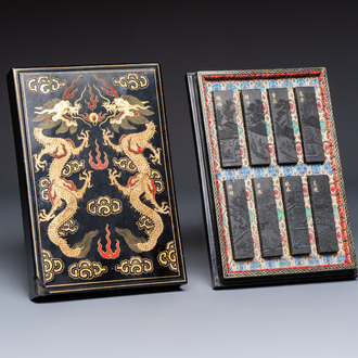A set of eight Chinese 'Yu Zhi Min Sheng Zai Qin Shi 御製民生在勤詩' ink cakes with a gilt-lacquered 'dragon' box, Hu Kaiwen 胡開文 mark, 20th C.