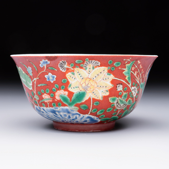 A Chinese falancai ruby-ground bowl, Yongzheng mark, 18/19th C.