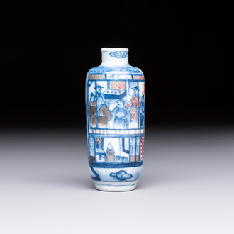 A fine Chinese blue, white and copper-red 'Yu Lou Fu Zhao 玉樓赴召' snuff bottle, Yongzheng mark, 19th C.