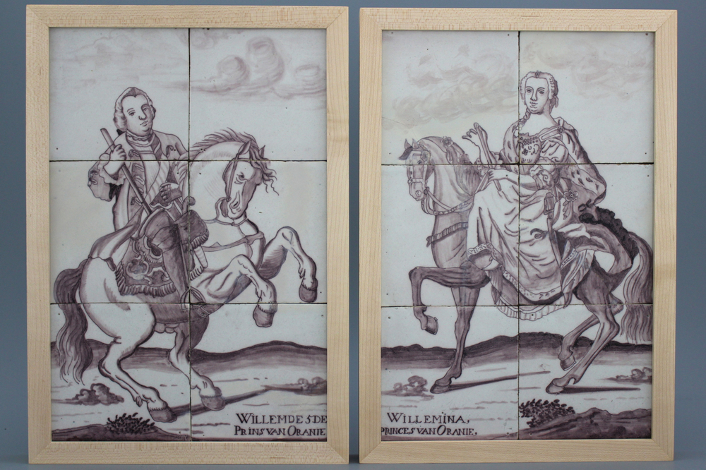Paire de tableaux de carreaux en fa&icirc;ence de Delft, mangan&egrave;se, portraits orangistes de Willem V et Wilhelmina &agrave; cheval, 18e