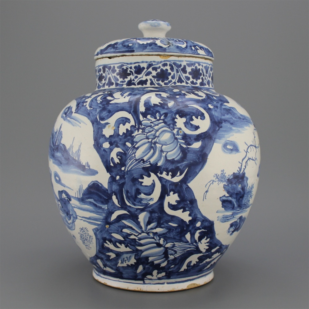 A very early blue and white Delftware but probably Haarlem maiolica chinoiserie jar and cover ca. 1630