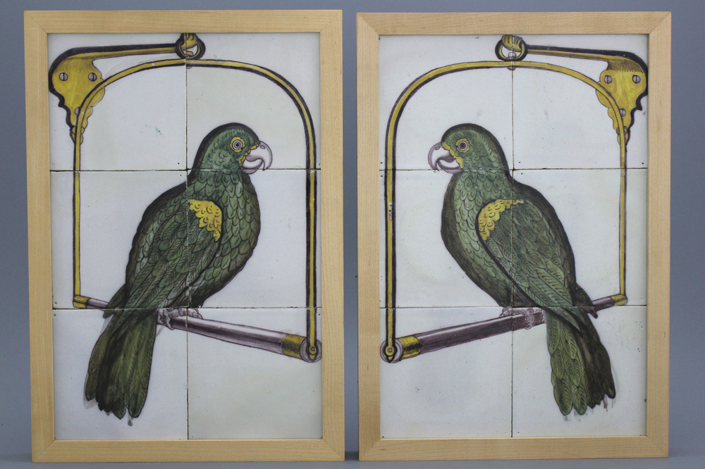 A pair of polychrome Dutch Delft tile panels with parrots, possibly Aalmis factory Rotterdam, 18th C.