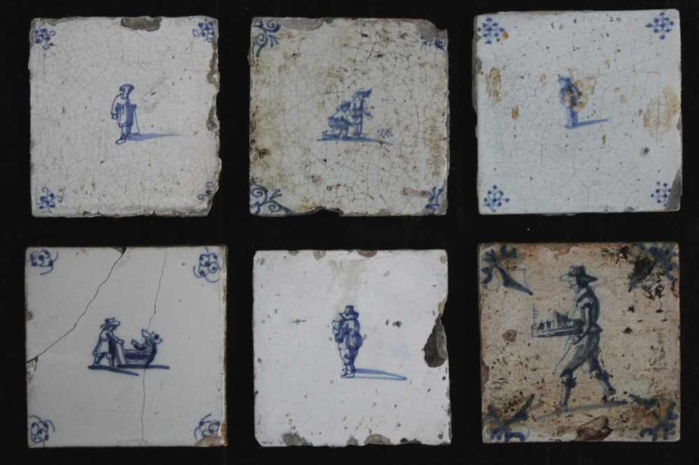 A set of 19 Dutch Delft blue and white tiles with various designs, 17th/18th C.