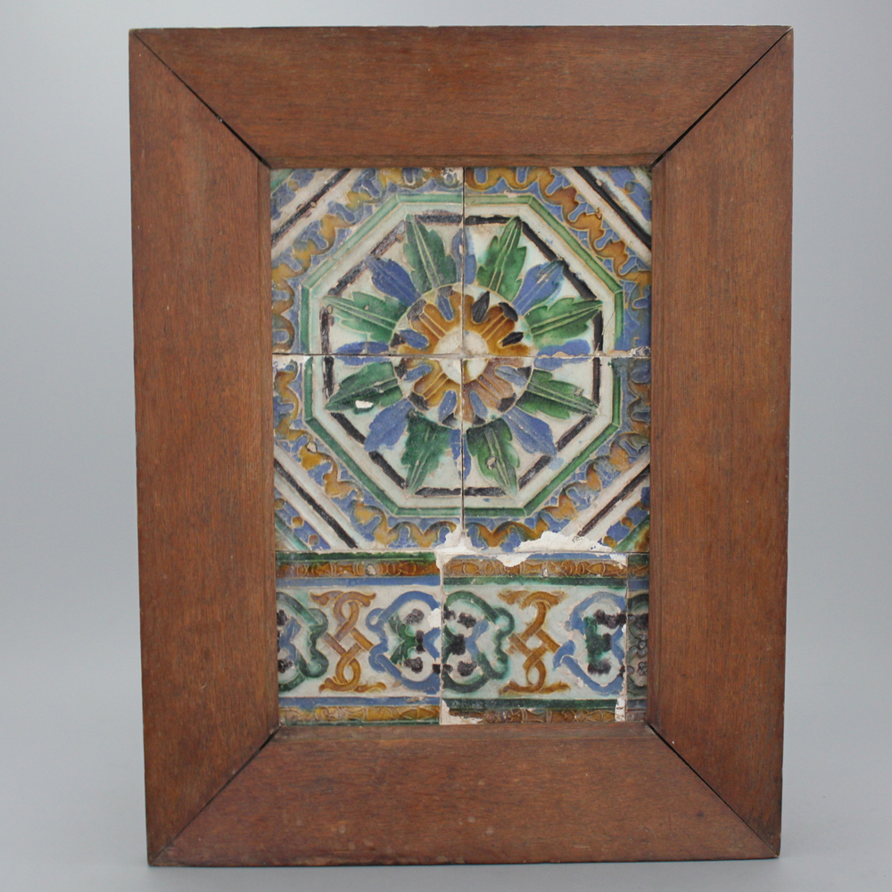 Panneau de 6 carreaux espagnols arista, encadr&eacute; en bois, Toledo, 16e