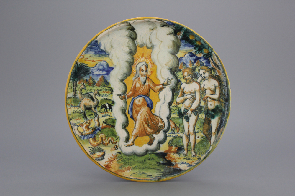 An Italian maiolica Urbino tazza ca. 1580 showing the expulsion from The Garden of Eden