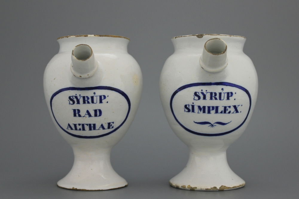 A pair of small Dutch Delft wet drug jars 18th C.