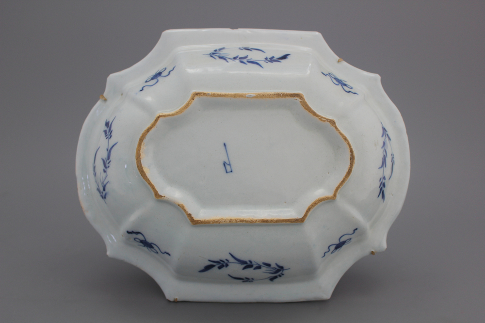 A Dutch Delft blue and white chinoiserie rectangular basin with ladies in a garden, ca. 1720