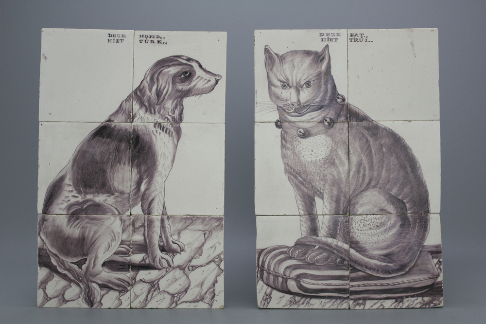 Paire de tableaux de carreaux en fa&iuml;ence de Delft, mangan&egrave;se, portraits de chat et chien, 18e