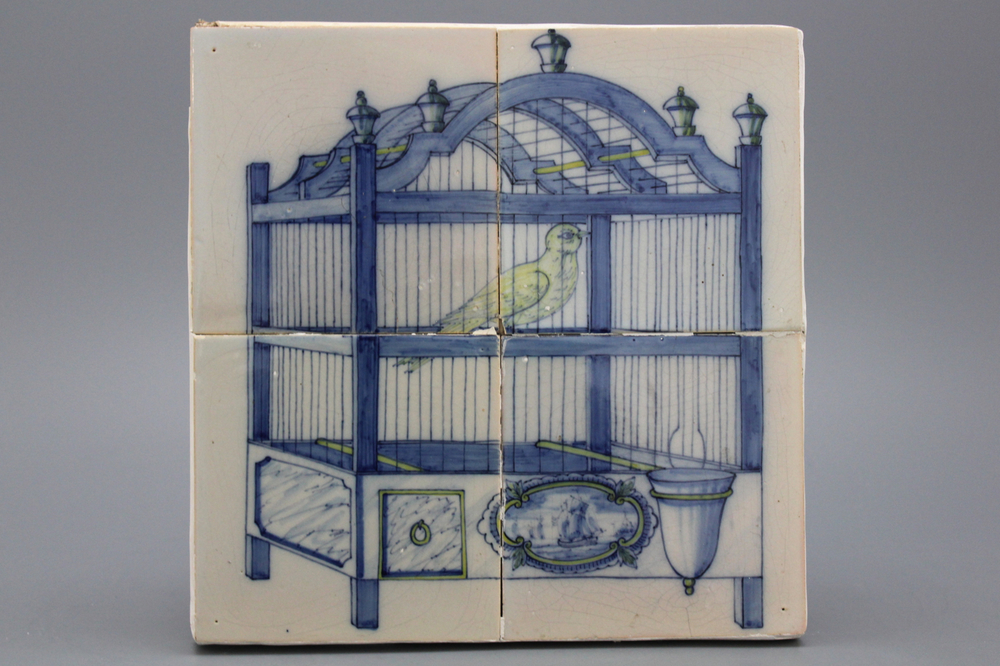 Tableau en fa&iuml;ence de Delft, cage d'oiseau, carreaux &agrave; d&eacute;cor bleu et jaune